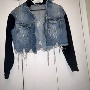 Distressed Denim Jacket with Black Sleeves